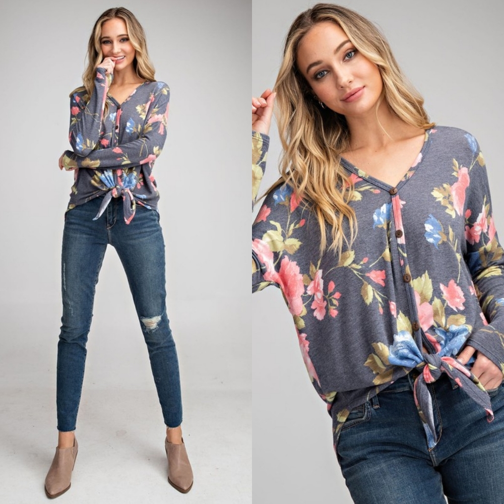 Floral button down top with front tie - Picture 3 of 8